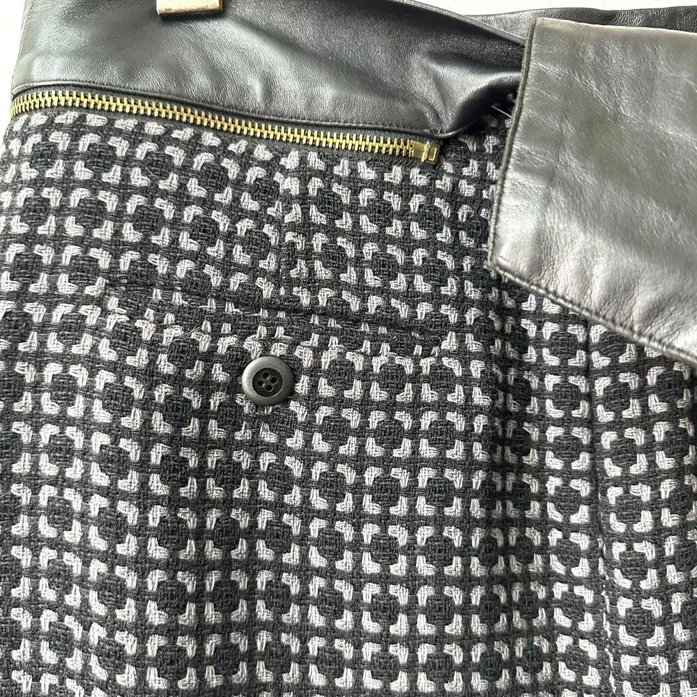 Etcetera Women's Gray Black Tweed Leather Trim Below Knee Pencil Skirt Sz M